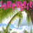 Animated sequence of text fragments over a palm tree background with blue sky and clouds, showing partial phrases like 'somewhere', 'beyond the sea' in various colors.