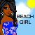 Animated contact sheet of a pixel-art beach girl character in various poses with blue floral top and shorts against a sunny beach background.