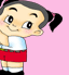 Animated cartoon character with pigtails in red shorts and white shirt, shown against pink, yellow, and white backgrounds.