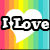 Rainbow striped background with white heart shape and text "I Love You" over it, plus a cookie character holding utensils.