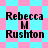 Four identical display black text 'Rebecca M Rushton' over alternating cyan and pink backgrounds with different geometric patterns