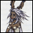 Pixelated character with long gray hair and brown antlers against light background, next to black with white text