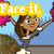 Animated cartoon character with brown hair, white top, and purple skirt, holding pink pom-poms, with text overlays and a ship scene.