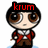 Pixelated character with large brown eyes, black hair, red text 'krum' above head, wearing a white shirt and red jacket over dark pants.