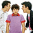 Three people stand side-by-side against a white background; the central figure wears a purple shirt with red collar and sleeves. Bright cyan background with pink pixelated text reading "I Love The Jonas Brothers!!".