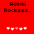 Red background with black text "Ademi Rocksss." and five white hearts, one pink heart in the center.