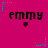 A static image with a bright pink background featuring repeated 'emmy' text in black pixelated font, each followed by a small dark red heart symbol.