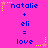 Pixelated icon with bright pink background displaying 'natalie + eli = love' text in blue, surrounded by yellow and pink starbursts.