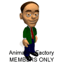 Animated character in green shirt and blue pants performing sequential actions with a black object, displayed in a with text below each frame
