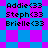 Pixelated text displays names and emoticons on alternating blue and purple backgrounds with shifting geometric patterns.