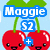 Pixel art cherry cluster with smiling faces, green leaves, and text overlays in blue, purple, and pink boxes.