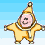 A yellow star-shaped character in a hooded outfit with a pom-pom hat, smiling with closed eyes, shown in six sequential poses against a light blue striped background.