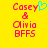Yellow background with pink pixelated text 'Casey & Olivia BFFS' and a cyan heart symbol above 'Casey' in the first frame, absent in the second frame.