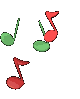 Animated sequence of red and green musical notes floating against a gray background with varying positions and orientations.