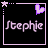 A contact sheet of 8 animated frames showing a static buddy icon with the name 'Stephie' in pixelated text, each frame featuring a purple heart and star border variation on black background.