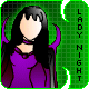 Static digital illustration of a figure with long black hair, purple top, and dark shoulder accents against green background with vertical text
