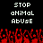 Pixelated text reads 'STOP aNImaL AbUSe' in white on black background with red pixelated shapes below.