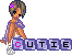 Pixelated character with short brown hair and purple flower accessory sits in a crouched pose, holding hands near knees, with 'CUTIE' text below.