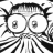 Black-and-white pixelated animation of a character with exaggerated eyes and hair, showing four distinct facial expressions