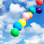 Pixelated icon of colorful spheres connected in a chain against a blue sky with white clouds.