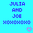 Pixelated text reads 'JULIA AND JOE XOXOXO' in blue on cyan background with two pink heart icons below.