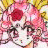 Pixelated image of a character with pink hair and red eyes, wearing a white outfit with dark accents, set against a yellow and pink background.