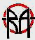 Red circular border with black geometric shapes forming stylized letters inside, arranged in a of four and four