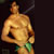 Static pixelated image of a shirtless male figure in swim trunks against dark background with visible dithering and color banding.