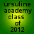 Four identical green and yellow circular icons display text reading 'ursuline academy class of 2012' in black pixelated font.