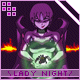 Pixelated character with purple hair and horns holds a green glowing object against dark background with orange flames.