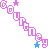 A pattern of diagonal text strings spelling 'Courage' in pink and blue pixelated letters, interspersed with small stars on a white background.