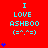 Red background with cyan text reading "I LOVE ASHBOO (=^•^=)" and blue heart symbols in various positions