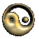 A circular yin-yang symbol with a small sphere inside, rendered in metallic textures showing color variations from gold to silver to blue