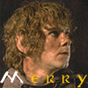 nine identical character portraits with curly hair, each overlaid by a repeating yellow and white text pattern reading "Merry" across the chest