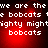 Red background with white pixelated text repeating 'we are the bobcats' and 'mighty mighty bobcats', arranged in a of four identical