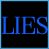 A 2x2 contact sheet of four animated frames showing a text-based definition for 'LIES' with different colored pixelated text on black backgrounds, each frame bordered in blue or purple.