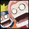 Six- of anime-style characters with pink and yellow hair, wide eyes, and open mouths showing teeth against a dark background