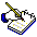 Pixelated icon of a white unicorn with blue hooves and yellow horn, holding a black-and-yellow checkered object against gray background.