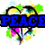 Colorful heart-shaped design with 'PEACE' text overlay on white background, featuring green and yellow splashes.