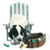 Pixelated image of a skull wearing a tall striped hat, holding a brown bowl with green and red contents, with scattered small colored pixels nearby.