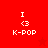 Red background displays four identical pixelated icons with white text and symbols, each showing 'I <3 K-POP' over a faint star outline.