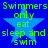 Blue background with four identical pixelated blue stars and green text reading "Swimmers only eat sleep and swim" arranged in a