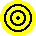 Yellow circular icon with black concentric rings and a central dot on gray background.