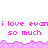 Pixelated text repeats 'i love evani' and 'so much' in pink on white, with a purple wave border at the top.