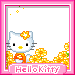 Hello Kitty avatar with orange flower in hair, yellow flowers at base, pink border, and 'Hellokitty' text on pink banner.