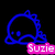 Six pixelated cartoon characters with spiky outlines in blue, cyan, red, yellow, orange, and purple, each labeled "Suzie" in matching colored text boxes below.