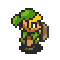 Pixel art character in green tunic and hat with brown accents, holding a shield, shown across six sequential poses on gray background.
