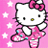 Pixelated Hello Kitty icon with pink bow, white face, black eyes, yellow nose, and pink dress against pink background with white stars.