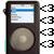 Pixelated icon of a black portable media player with a circular control and screen showing blue and white elements, next to four identical black arrow symbols on white background.
