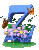 A blue Z-shaped structure with pink flowers and green leaves, featuring butterflies in various positions across frames.